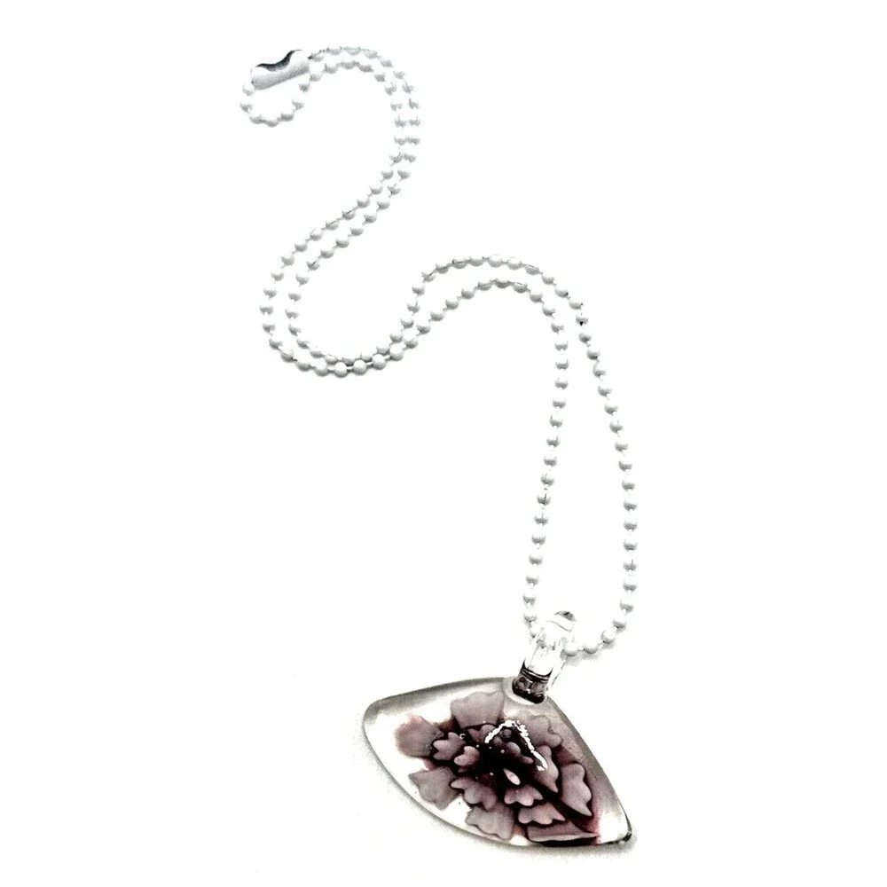 Artisan Lampwork Glass Floral Pendant Necklace Pink Purple Hand Blown 18” Chain